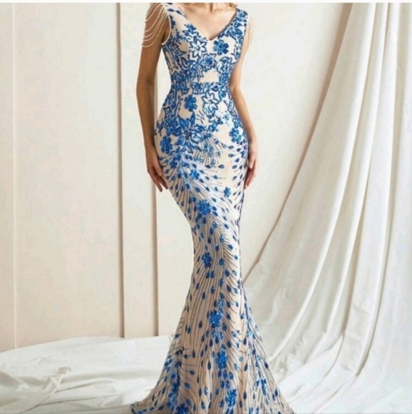 Blue, Floral Print, V Neck,  Beaded Draped Sleeves,  Sequined Mermaid Go… - Picture 6 of 12